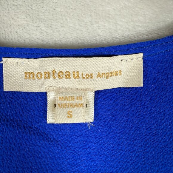 Monteau Los Angeles Shirt Top Women Size S Blue Short Sleeve V-Neck EUC - Picture 7 of 12